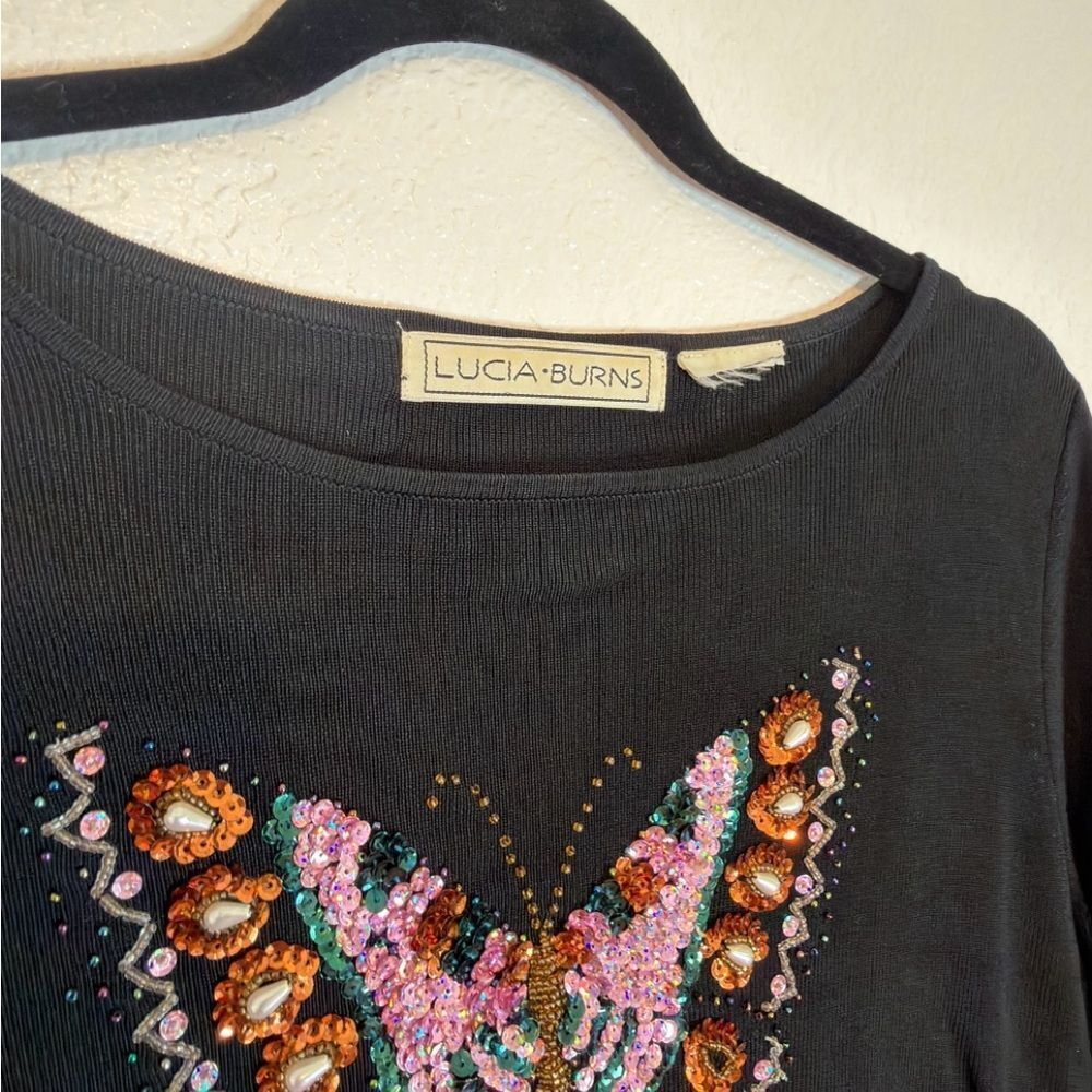 Vintage retro Y2K Lucia Burns Black knitTop with embellished boho Butterfly - Picture 4 of 8